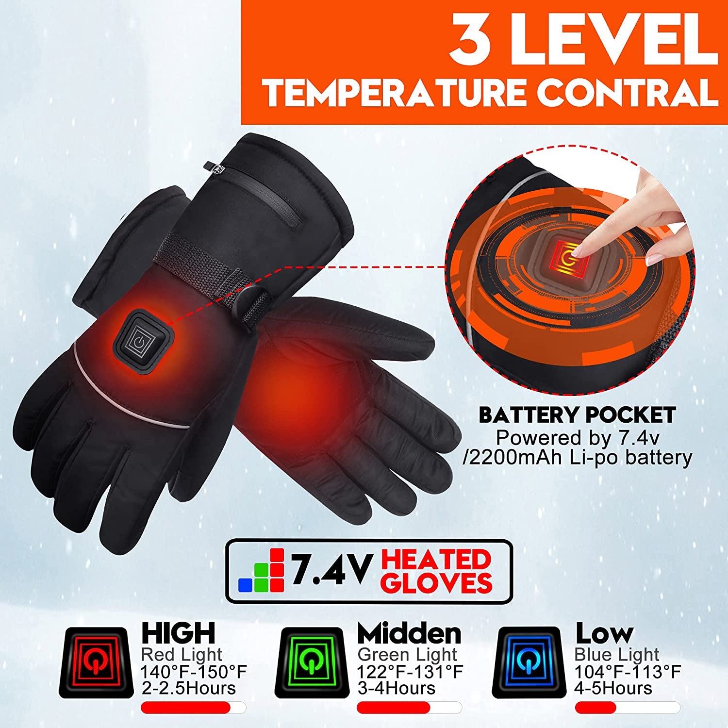 Electric Heated Gloves Rechargeable Battery Heated Thermal Gloves for Men Women,7.4V Touchscreen Waterproof Windproof Heated Gloves for Hiking Skiing,Outdoor Indoor Portable Battery Hand Warmer Gloves